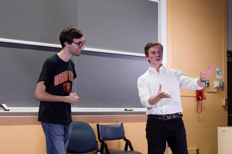 Tristan Hilbert (left) and Grant Thesing (right) take part in an improv game. 