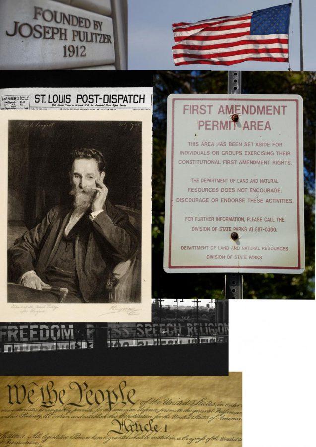 A collage of some identifiable aspects about Joseph Pulitzer and the First Amendment. 
