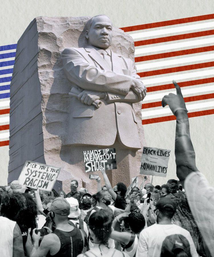 Martin+Luther+King+Jrs+legacy+inspires+the+people+of+today+fighting+for+racial+justice+and+equal+access+to+The+American+Dream.+Digital+collage+created+from+photos+by+Ron+Cogswell%2C+David+Geitgey+Sierralupe%2C+and+Der+Berzerker.