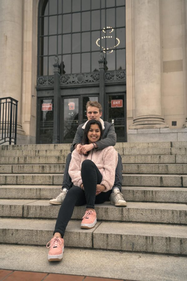 OSU sophomores and couple, Julia Lising (right) and Tyler Thompson (left) at the Memorial Union stairs.