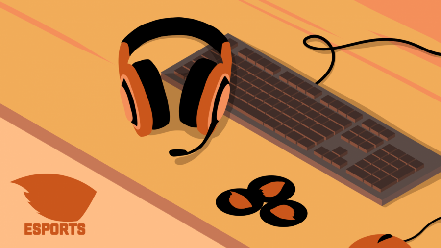 An illustration of a headset, keyboard, mouse and beaver stickers on desk with simplified OSU Esports logo on bottom left corner