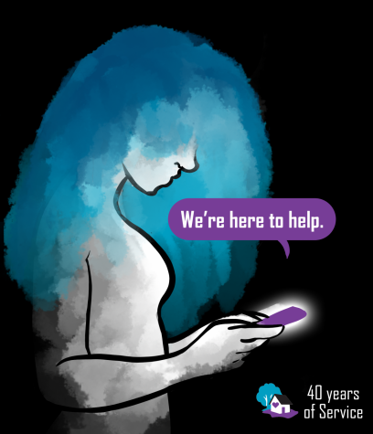 Illustrated woman looking a phone ine a dark room. Phone has text that says "We're here to help"