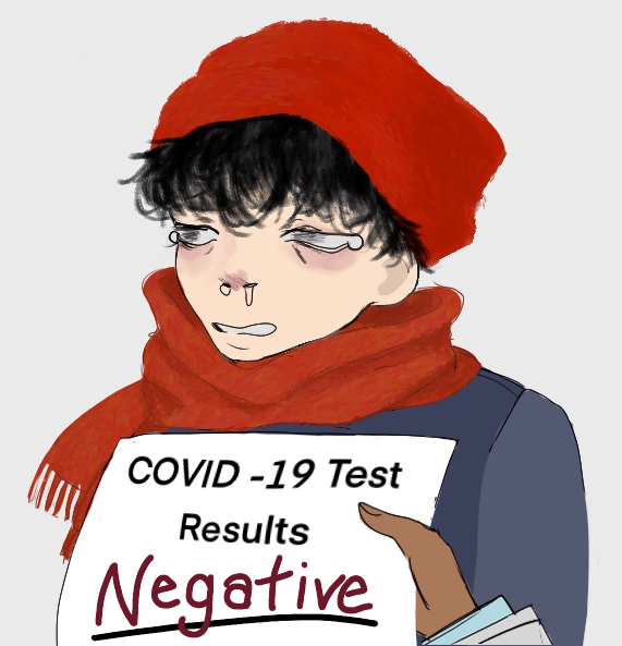 A sick person wearing a beanie and scarf with snot dripping from the nose stands behind a negative COVID-19 test result.