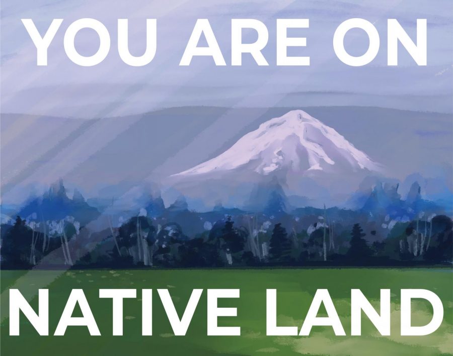 A drawing of Mount Hood with the words You are on Native Land across the photo.