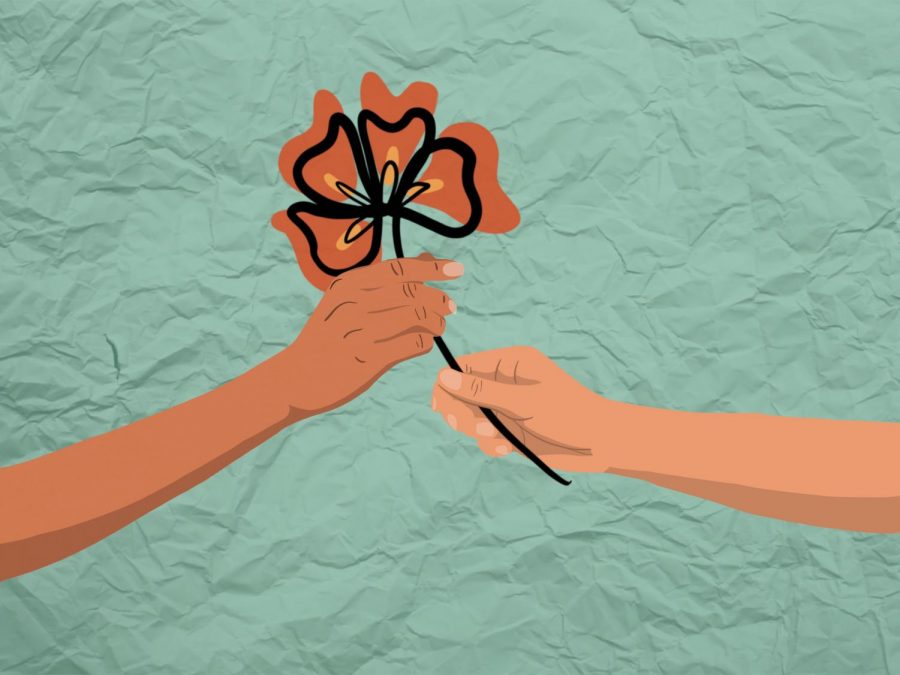 An illustration of someone gifting another person a flower.