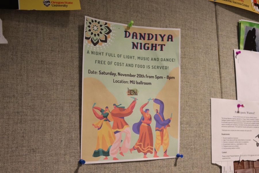 The Dandiya Night flyer is posted on a bulletin board in the Valley Library.