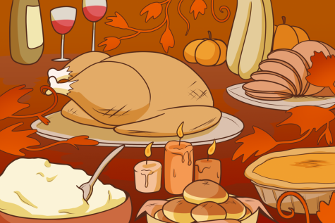 This illustration shows various traditional Thanksgiving foods like turkey, rolls, mashed potatoes, pumpkin pie and more.