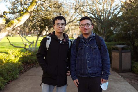 Corey Bai and Ziming Guo stand outside of the Memorial Union building on the OSU Corvallis campus.