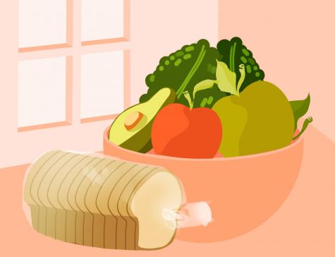 An illustration of a bowl of fruit and vegetables alongside a loaf of bread.