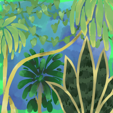 An illustration of a few leafy plants sprawled across the screen