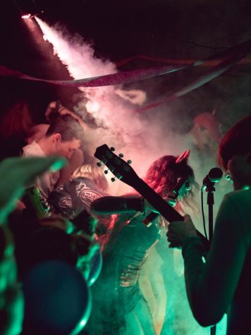 Common Koi performing with smoke and green spotlights.