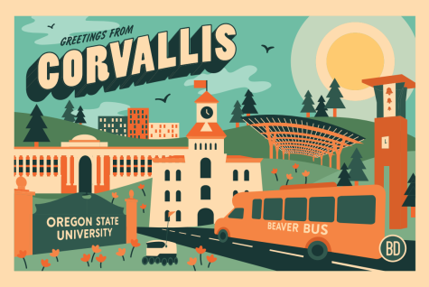 Front of postcard shows the Beaver Bus, the Student Experience Center Plaza, the Memorial Union, a Starship robot, the Oregon State University sign, the Valley Library and reads "Greetings from Corvallis"