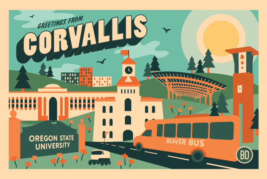 Front of postcard shows the Beaver Bus, the Student Experience Center Plaza, the Memorial Union, a Starship robot, the Oregon State University sign, the Valley Library and reads Greetings from Corvallis