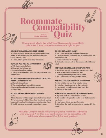 A survey with important questions regarding one's living habits to help determine if roommates are compatible. Read story for quiz transcription.
