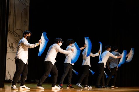 A line of performers dance in sync on stage with fans.