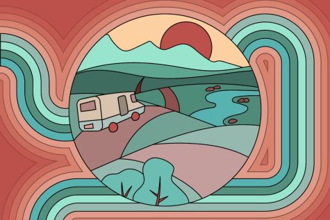 This illustration shows a van driving on a road with a creek and mountains up ahead.