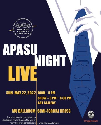 The events promotional poster features a suit and tie, with the tie reading CULTURE SHOCK on it. The poster also features the events information, reading: APASU Night Live with the date, time, location and semi-formal dress