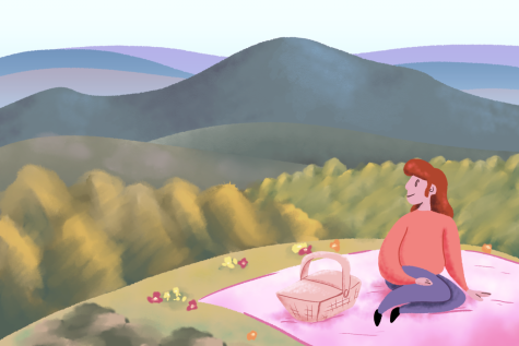 This illustration shows a person sitting on a picnic blankets next to a picnic basket on top of a hillside. The person is looking at the view of rolling hills.