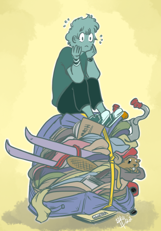 This illustrations depicts a stressed out person sitting on top of a messy pile of their belongings.