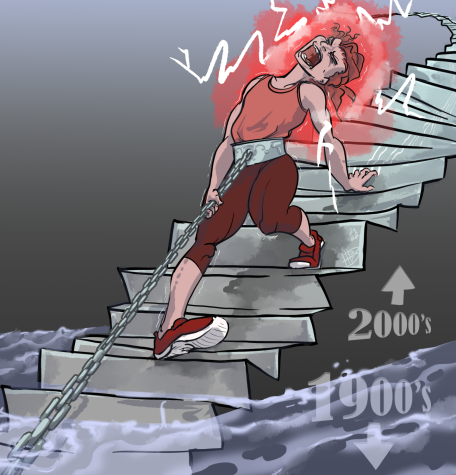 This illustration depicts a woman walking up stairs in the 2000s while being pulled down by a shackle around her midsection towards the 1900s, which is underwater. The U.S. Supreme Court overturned Roe v. Wade on June 24.