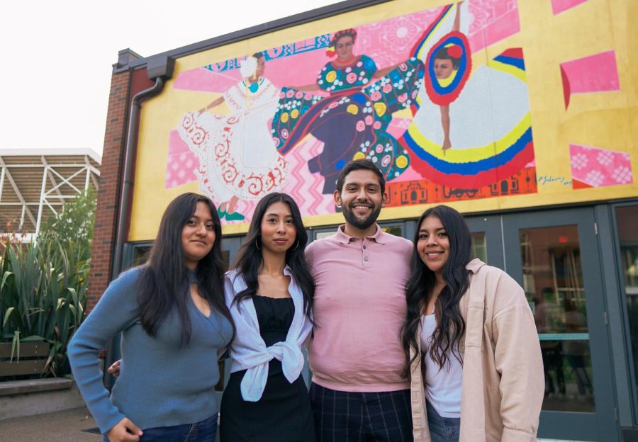 Teresa Aguilera, Michelle Lira Licona, Freddy León, and Rosy Celedonio stand in front of the Centro Cultural César Chávez on Tuesday, October 4, 2022. The Centro Cultural César Chávez is located on 691 SW 26th St, Corvallis, OR 97331. 