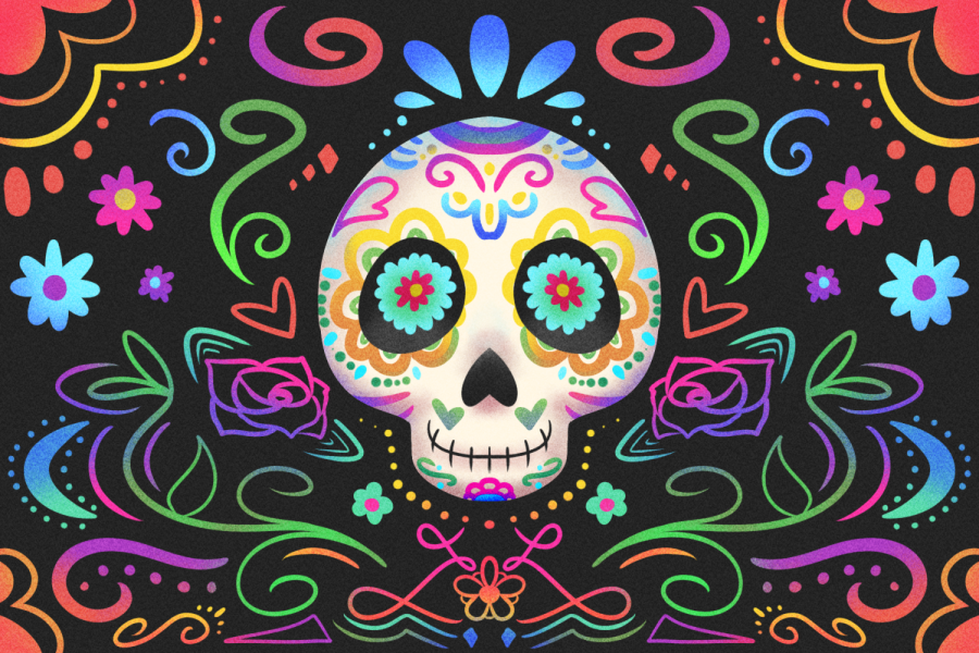Día De Los Muertos is a Mexican holiday celebrated in the beginning of November to remember and pray for lost loved ones. Decorative skulls are the most recognizable cultural elements of this holiday, as shown in this illustration.