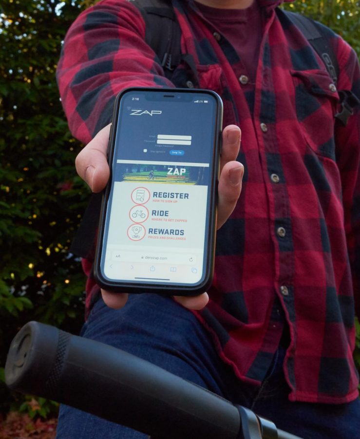 Student Dominic Verna-Ketel displaying the ZAP Bike home screen on Nov. 10, 2022. From this page, you can register your bike tag or log into your account. 