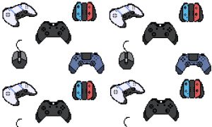 Illustration depicts several types of controllers used to play video games.