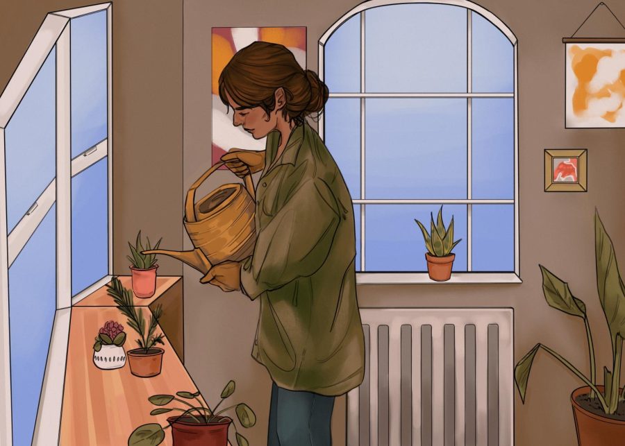 Illustration+depicts+woman+watering+plants+by+a+windowsill.%0A