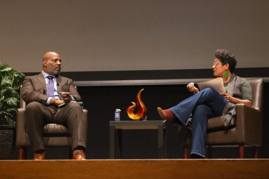 Nana Osei-Kofi (she/her), director of the Difference, Power & Discrimination Program at Oregon State University, converses with Jelani Cobb (he/him), the keynote speaker for OSU’s 2023 Martin Luther King Jr. event regarding questions on discrimination and equality in society, photographed on Feb. 1 in Corvallis. 