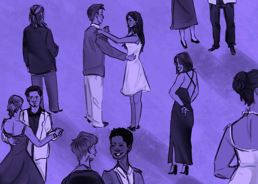 An illustration of students dancing at the Winter Formal event.