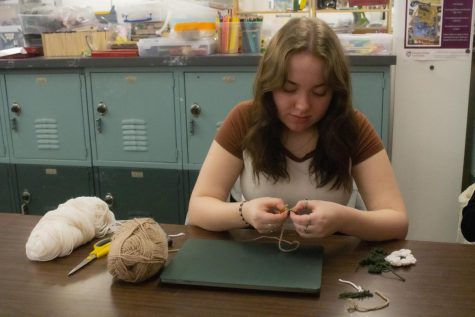 Crochet Club member Megan Devore (she/her) crocheting on Feb. 24 in the Craft Center of Oregon State University in Corvallis. The Crochet Club meets from 3-5 p.m. on Fridays in the Craft Center, which is located in the basement of the Student Experience Center of OSU.