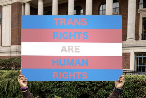 A photo illustration of a trans rights sign in front of the Memorial Union on March 9. Transform! and Transsisters will continue to meet weekly throughout spring term.
