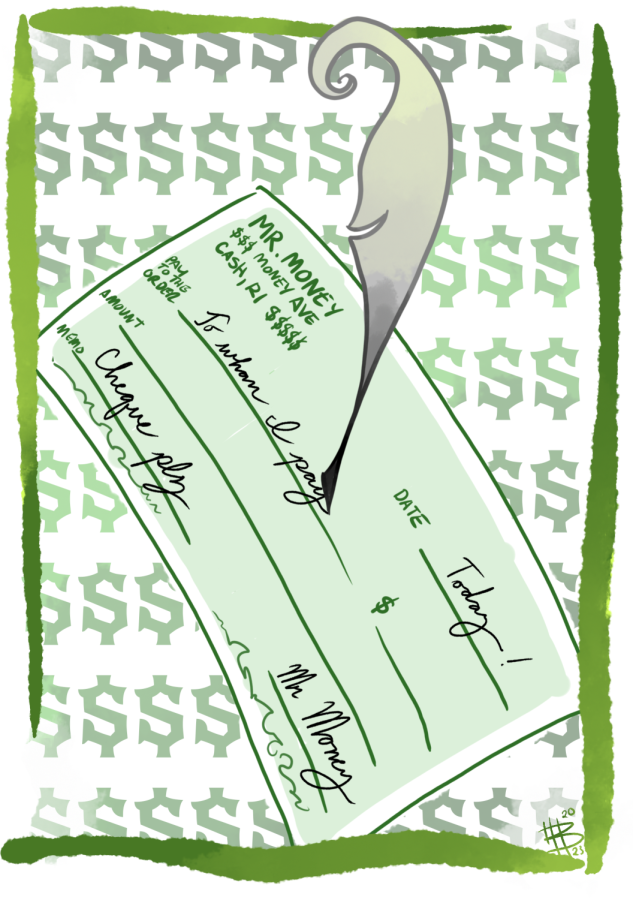A photo illustration of a check. Learning how to write a check can be a useful skill.