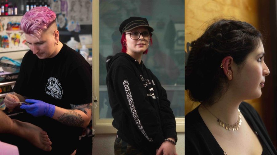 Left: Leo (he/him) prepares to start the aftercare process for a tattoo on April 7 at Rising Tides located in downtown Corvallis. He used a clear bandage over the fresh tattoo. Middle: Quinn (they/them), an apprentice for Sarvas, the owner of Rising Tides, on April 7. They are excited to learn from Sarvas. Right: Luna (she/her) after getting the moon cartilage jewelry put in by Sarvas (she/her) on April 7 at Rising Tides located in downtown Corvallis. At Rising Tides, they are appointments only, but can do same day for piercings if their schedule allows.