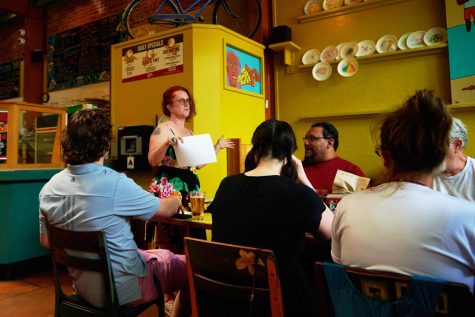 CARB (Corvallis Area Restaurants and Bars) founder Michele Collomb leads a meeting held at American Dream Pizza in downtown Corvallis on May 15. CARB provides a place to connect, celebrate, meet, and support each others food based businesses.