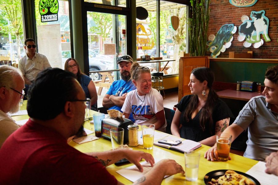 CARB (Corvallis Area Restaurants and Bars) group members gather at American Dream Pizza in downtown Corvallis on May 15. CARB provides a place to connect, celebrate, meet, and support each others food based businesses.