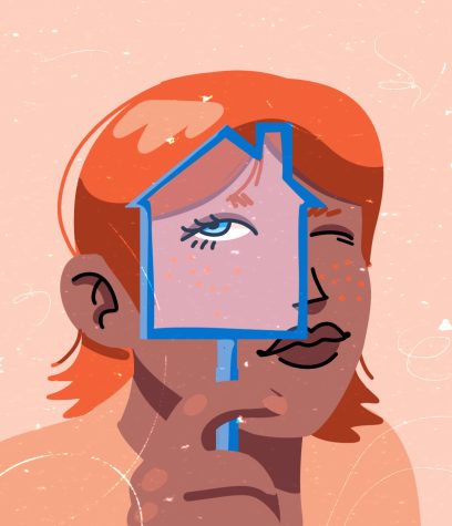 An illustration of a person holding up a magnifying glass in the shape of a house.