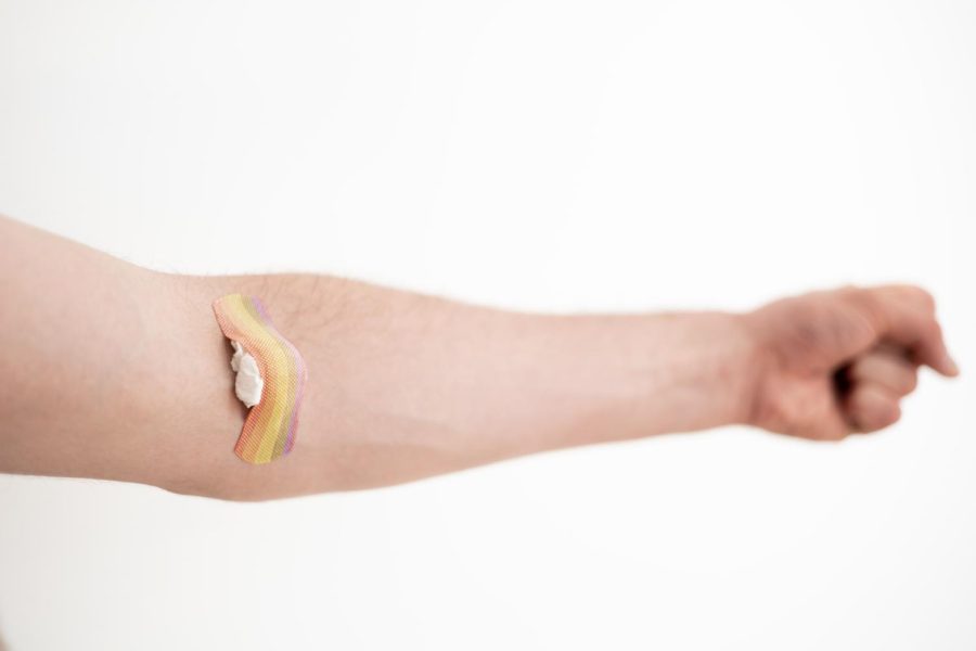 Photo illustration depicting a cotton ball and bandage on an arm on May 25. Recently the FDA
has removed the ban on gay men being able to donate blood.