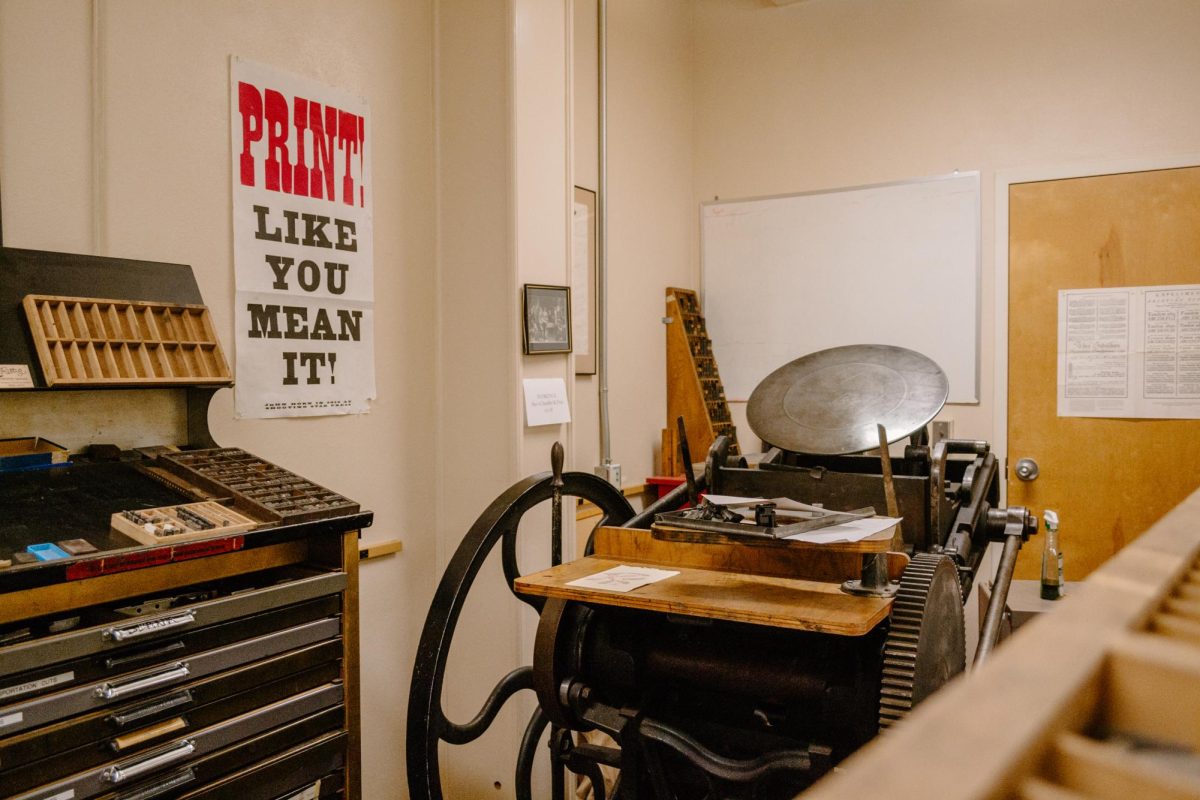 The printing press stands ready for use in Moreland Hall on September 29, 2023. Many students have used the press as a creative outlet for a variety of projects including poetry, plant prints, and posters.
