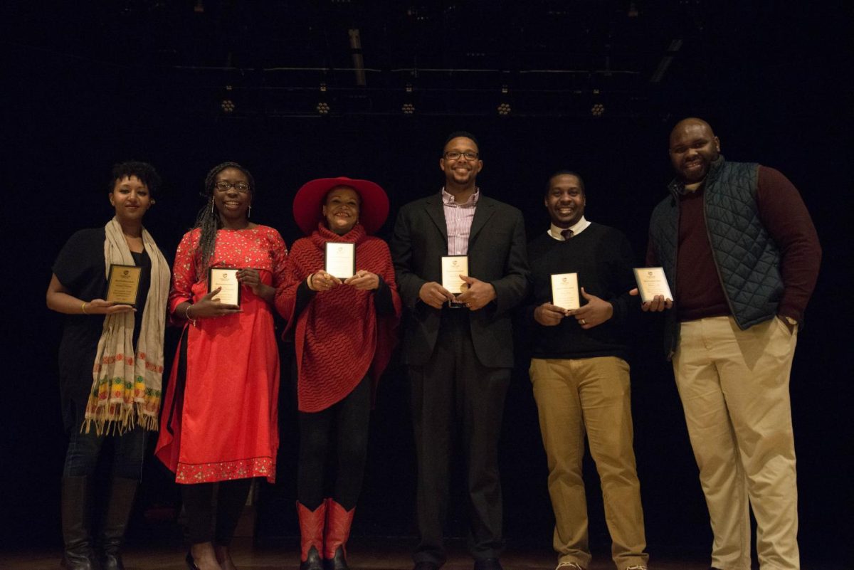 (left to right) OSU faculty Micknai Arefaine, Elizabeth Kaweesa, Shelley Moon, Jason Thomas, Jamar Bean, Dorian Smith were recognized for their outstanding work in helping the Black community and the BCC at the Black Excellence Celebration event hosted in 2018 for Black History Month. 
