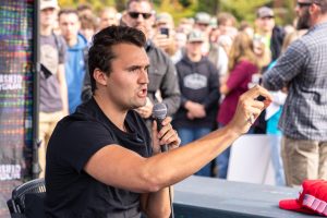 Charlie Kirk gestures in a debate at his “You’re Being Brainwashed” tour on Oct 11, 2024
at Oregon State University.