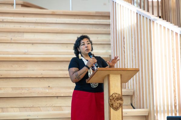 OSU Assistant Professor of Indigenous Studies Luhui Whitebear speaks on the
importance of Indigenous People’s Week at OSU at the College of Forestry Indigenous
People’s Day Reception on Oct 14, 2024. Whitebear shares the significance of wearing
her Dad’s dentalium when she speaks at events. 