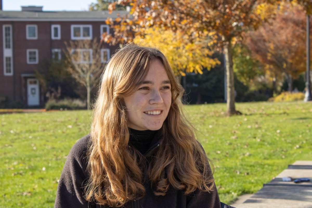 Lily Brommer, second year Elementary Education major, declares mashed potatoes as the best Thanksgiving side dish outside of Austin Hall on Nov. 7.