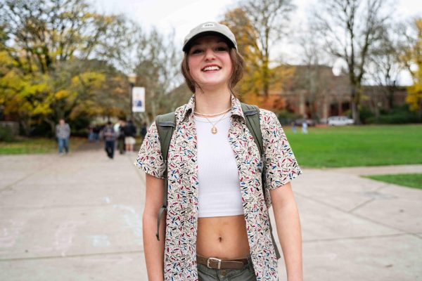 Freshman, Rose Langen Swartzendruber (she/her) smiles after a short interview outside the Memorial Union, about the popular Menendez case on Nov 14.