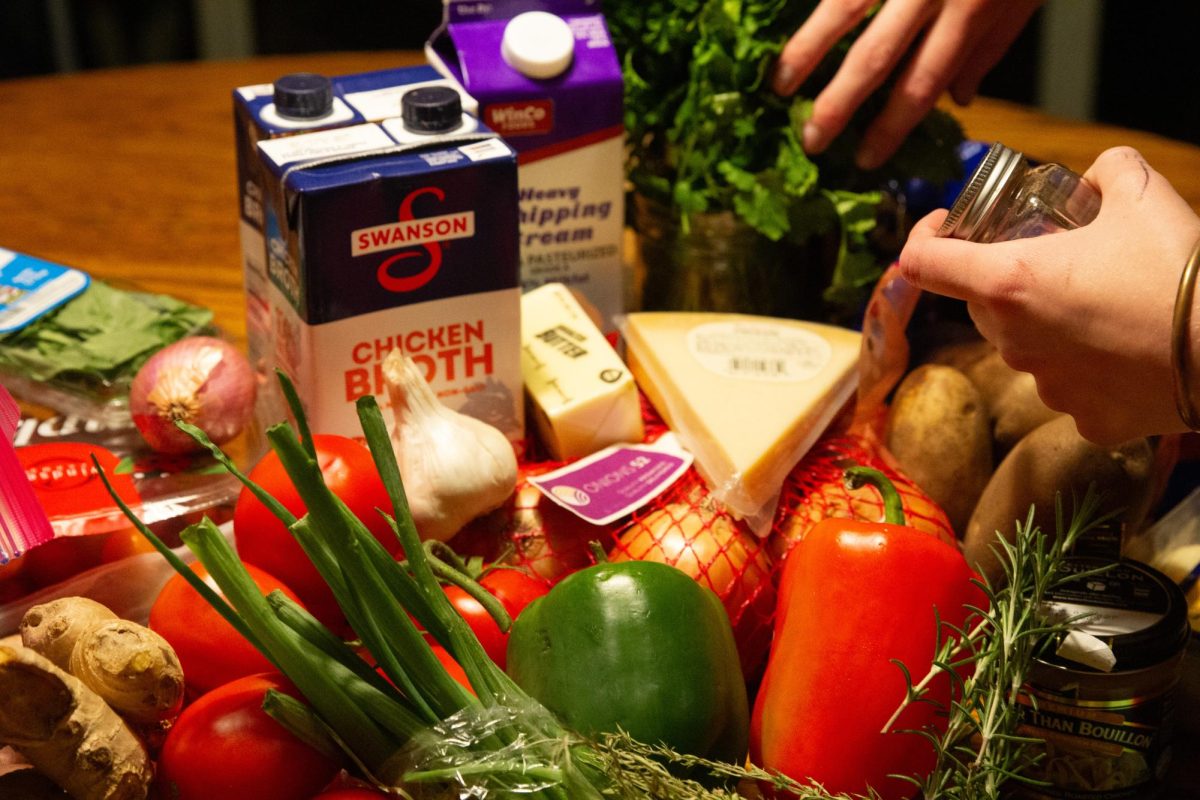 Dining table with fresh produce, animal products and seasonings to prepare dinner. These ingredients will be used to cook three different soups.