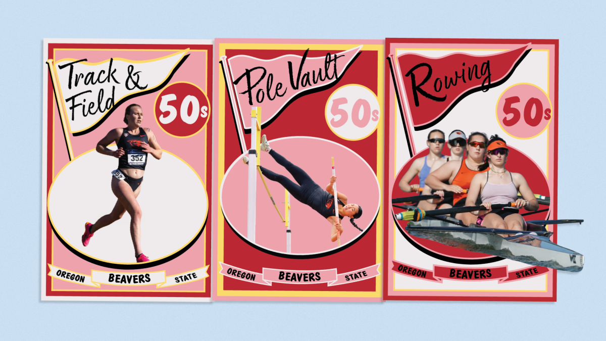 Graphic by Olivia Grande 
Photos contributed by Taya Etzell, Mason Fischer, and Oregon State University Athletics