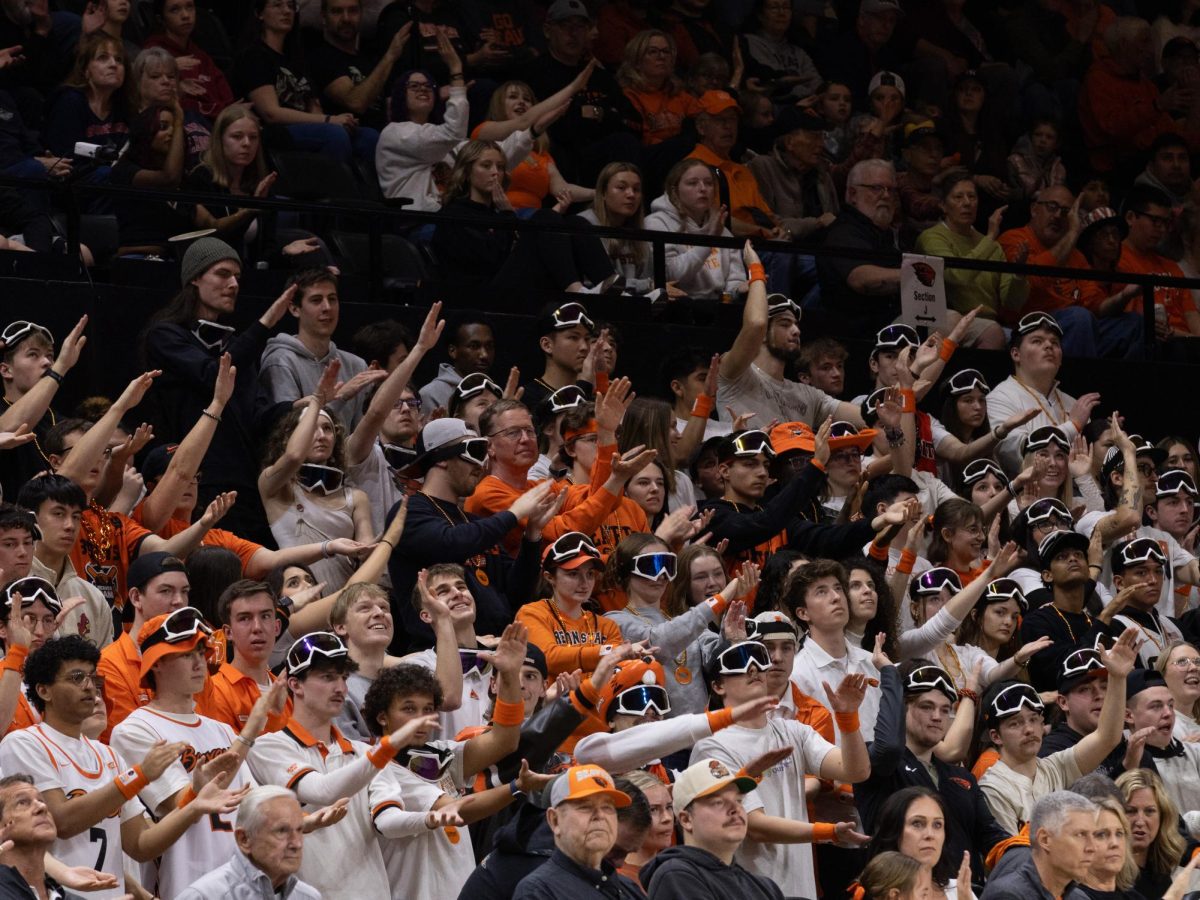 The Oregon State student section cheers on the Beavers during their game against Gonzaga at Gill Coliseum on Feb. 7. 