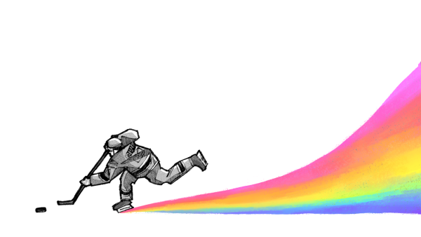 Drawing of a hockey player with a rainbow trailing him