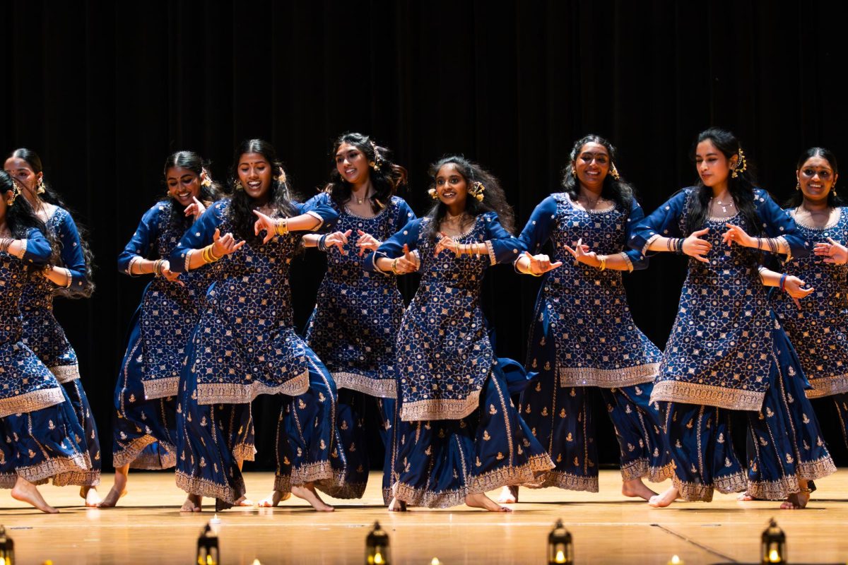 Members from the Sawariya dance team at OSU perform an integration of bhangra, bharatanatyam, hip hop, Bollywood, and other dance styles at India Night in LaSells Stewart Center on May 1. The dance team performed a series of dances representing the shared experiences of Indian girls growing up in the United States.